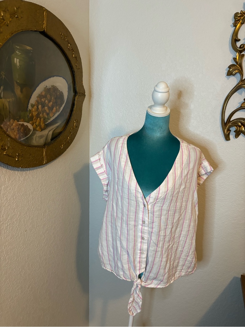 Dear John Pink Striped Crop Blouse Cottagecore Boho Tie Front Top XL